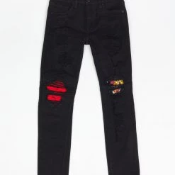 Ops Kids Jeans - Biker Knee Patch - Jet Black And Red - OPS2001GK