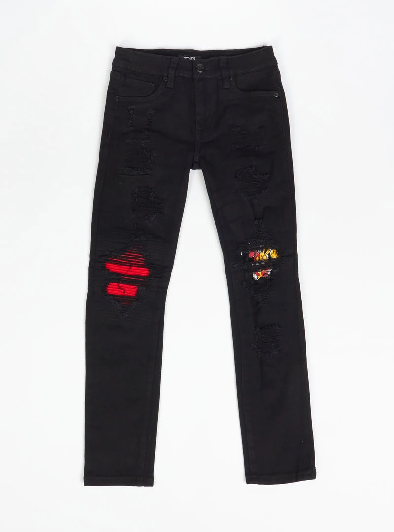 Ops Kids Jeans - Biker Knee Patch - Jet Black And Red - OPS2001GK 1 Ops Kids Jeans - Biker Knee Patch - Jet Black And Red - OPS2001GK
