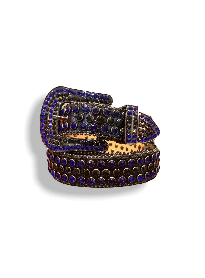 Rawyalty Belt - Stones - Black Leather With Black And Blue Stones 1 Rawyalty Belt - Stones - Black Leather With Black And Blue Stones