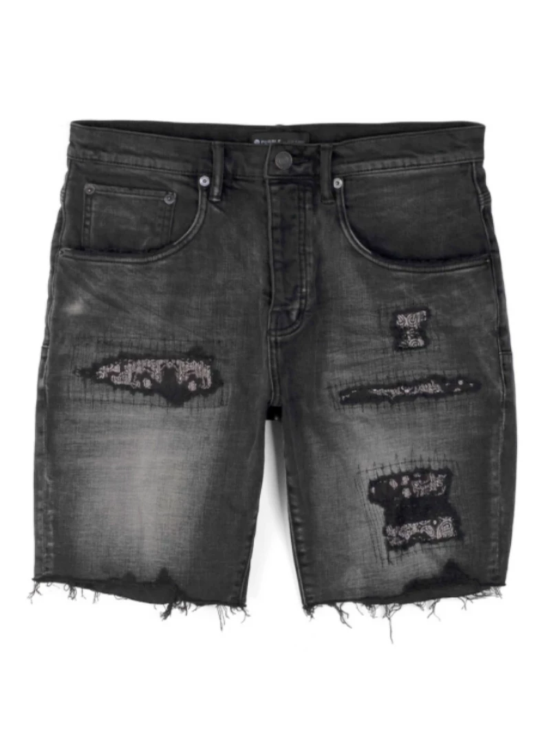 Shop All Purple-Brand Jean Shorts - Bandana Patch Work - Black - P020-BRB 1 Shop All Purple-Brand Jean Shorts - Bandana Patch Work - Black - P020-BRB