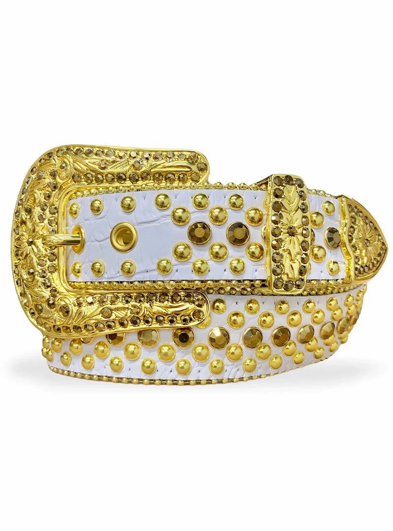 Shop All Karma Belt - Stones And Studs - White Leather With Gold Stones 1 Shop All Karma Belt - Stones And Studs - White Leather With Gold Stones