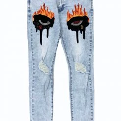 Roku Studio Jeans - Flames Rhinestone Dripping Eyes - Light Wash - RK4480504 Shop All