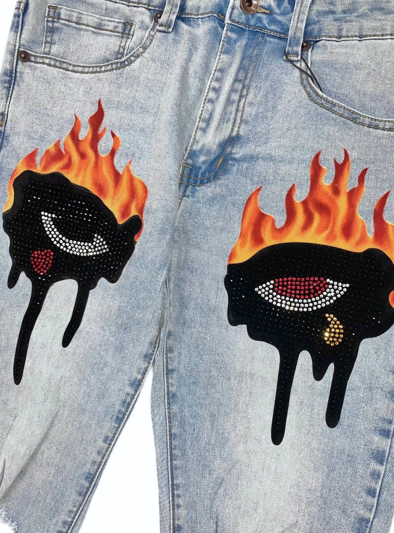 Roku Studio Jeans - Flames Rhinestone Dripping Eyes - Light Wash - RK4480504 Shop All 2 Roku Studio Jeans - Flames Rhinestone Dripping Eyes - Light Wash - RK4480504 Shop All
