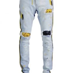 Focus Jeans - Bandana Patches And Stripes - Ice Blue And Yellow - 3185