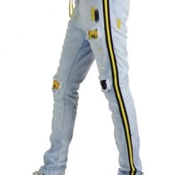 Focus Jeans - Bandana Patches And Stripes - Ice Blue And Yellow - 3185