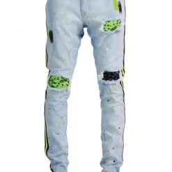 Focus Jeans - Bandana Patches And Stripes - Light Wash With Lime - 3185 Shop All