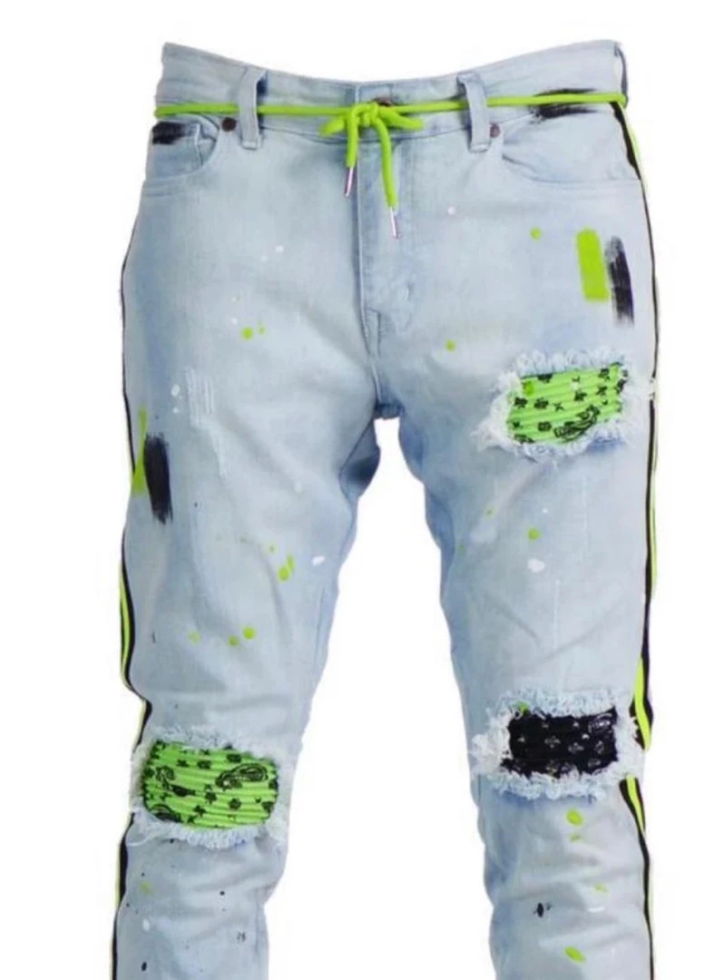 Focus Jeans - Bandana Patches And Stripes - Light Wash With Lime - 3185 Shop All 3 Focus Jeans - Bandana Patches And Stripes - Light Wash With Lime - 3185 Shop All