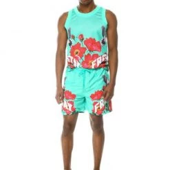 Rebel Minds Short Set - Mesh Floral Tank - Aqua Sky - 121-162