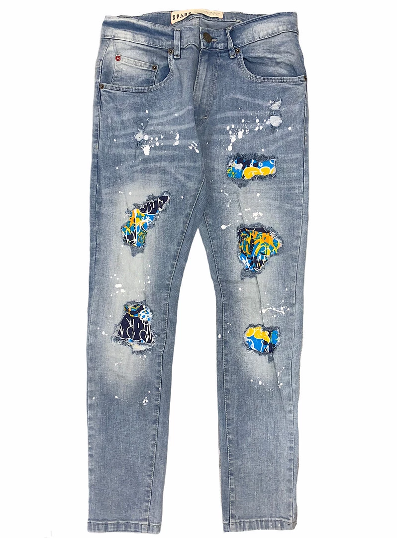 Spark Denim Jeans - Ripped With Splatter And Patch - Light Blue - S11090-LB Shop All 1 Spark Denim Jeans - Ripped With Splatter And Patch - Light Blue - S11090-LB Shop All