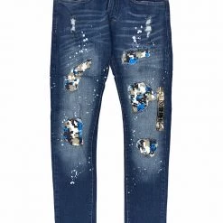 Spark Denim Jeans - Ripped With Splatter And Patch - Dark Blue - S11090-DB Shop All