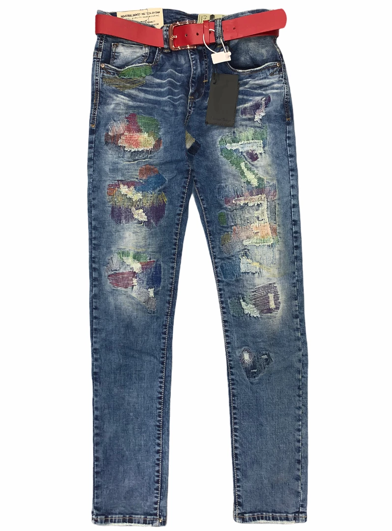 Shop All Industrial Indigo Jeans - Belted With Patches - Indigo/Red - INT-WB-217 1 Shop All Industrial Indigo Jeans - Belted With Patches - Indigo/Red - INT-WB-217
