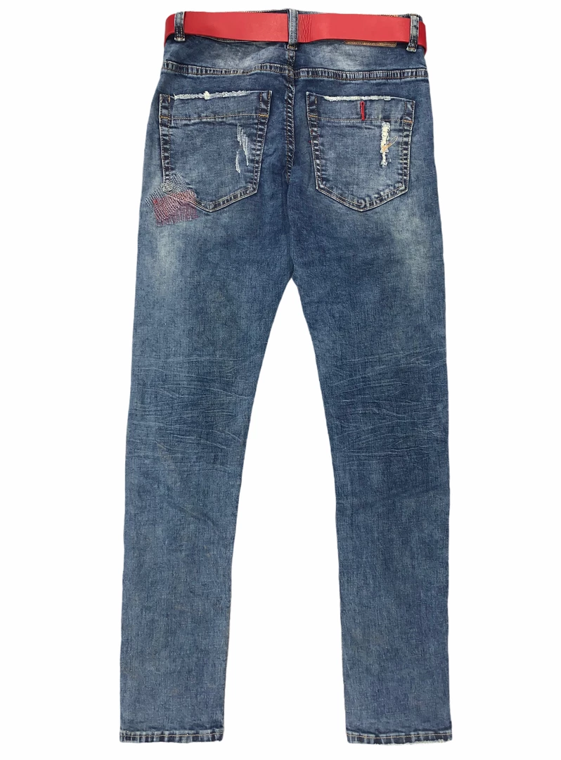 Shop All Industrial Indigo Jeans - Belted With Patches - Indigo/Red - INT-WB-217 2 Shop All Industrial Indigo Jeans - Belted With Patches - Indigo/Red - INT-WB-217