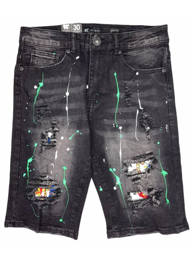 Waimea Jean Shorts - Green Splatter - Black Wash - M7308D 1 Waimea Jean Shorts - Green Splatter - Black Wash - M7308D