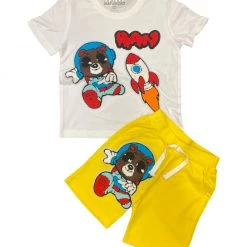 Rawyalty Kids Short Set - Space Teddy - White And Yellow - RKC-000