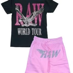 New Arrivals Rawyalty Short Set - Eagle Stones - Black And Pink