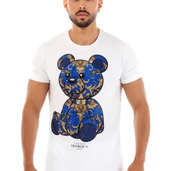 George V T-Shirt - Bear Print - White And Blue - GV-2372