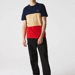 Shop All Lacoste T-Shirt - 3D Lettered Colorblock - Navy With Beige And Red - TH7059