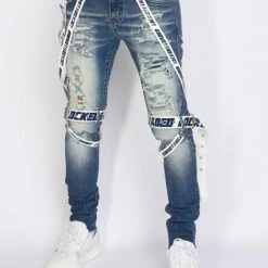 LOCKED & LOADED LNL Jeans - Straps - Medium Blue And White - LLCDP0925568