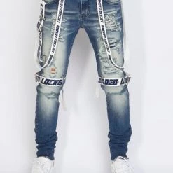 LOCKED & LOADED LNL Jeans - Straps - Medium Blue And White - LLCDP0925568