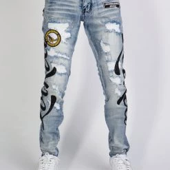 LOCKED & LOADED LNL Jeans - Chain Stitch - Mid Blue And Black - LLCHSE1025253 Shop All