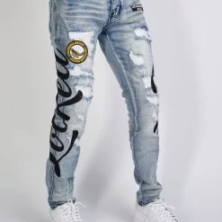 LOCKED & LOADED LNL Jeans - Chain Stitch - Mid Blue And Black - LLCHSE1025253 Shop All