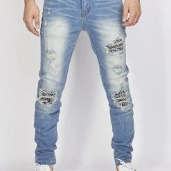 Politics Jeans - Distressed With Paisley Ribbing - Medium Blue - PLTKS0521665