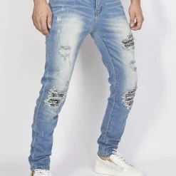 Politics Jeans - Distressed With Paisley Ribbing - Medium Blue - PLTKS0521665