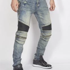 Politics Jeans - Biker With Leather Ribbing - Vintage And Black - PLTKS0521566 Shop All