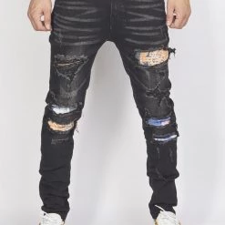 Politics Jeans - Distressed With Paisley Ribbing - Black - PLTKS0521660 Shop All