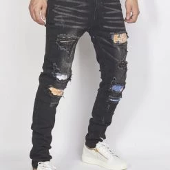 Politics Jeans - Distressed With Paisley Ribbing - Black - PLTKS0521660 Shop All