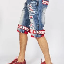 LOCKED & LOADED LNL Shorts - Strapped Denim - Medium Blue With Red And White - LDS421101 Shop All