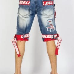 LOCKED & LOADED LNL Shorts - Strapped Denim - Medium Blue With Red And White - LDS421101 Shop All