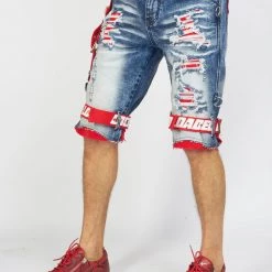 LOCKED & LOADED LNL Shorts - Strapped Denim - Medium Blue With Red And White - LDS421101 Shop All