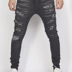 Shop All Politics Jeans - Distressed With Paisley Ribbing - Black With White - PLTKS0521669