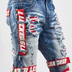 LOCKED & LOADED LNL Shorts - Strapped Denim - Medium Blue With Red And White - LDS421101 Shop All