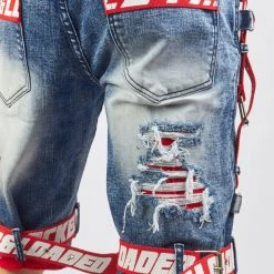 LOCKED & LOADED LNL Shorts - Strapped Denim - Medium Blue With Red And White - LDS421101 Shop All