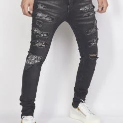 Shop All Politics Jeans - Distressed With Paisley Ribbing - Black With White - PLTKS0521669