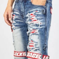 LOCKED & LOADED LNL Shorts - Strapped Denim - Medium Blue With Red And White - LDS421101 Shop All