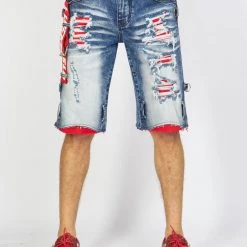 LOCKED & LOADED LNL Shorts - Strapped Denim - Medium Blue With Red And White - LDS421101 Shop All