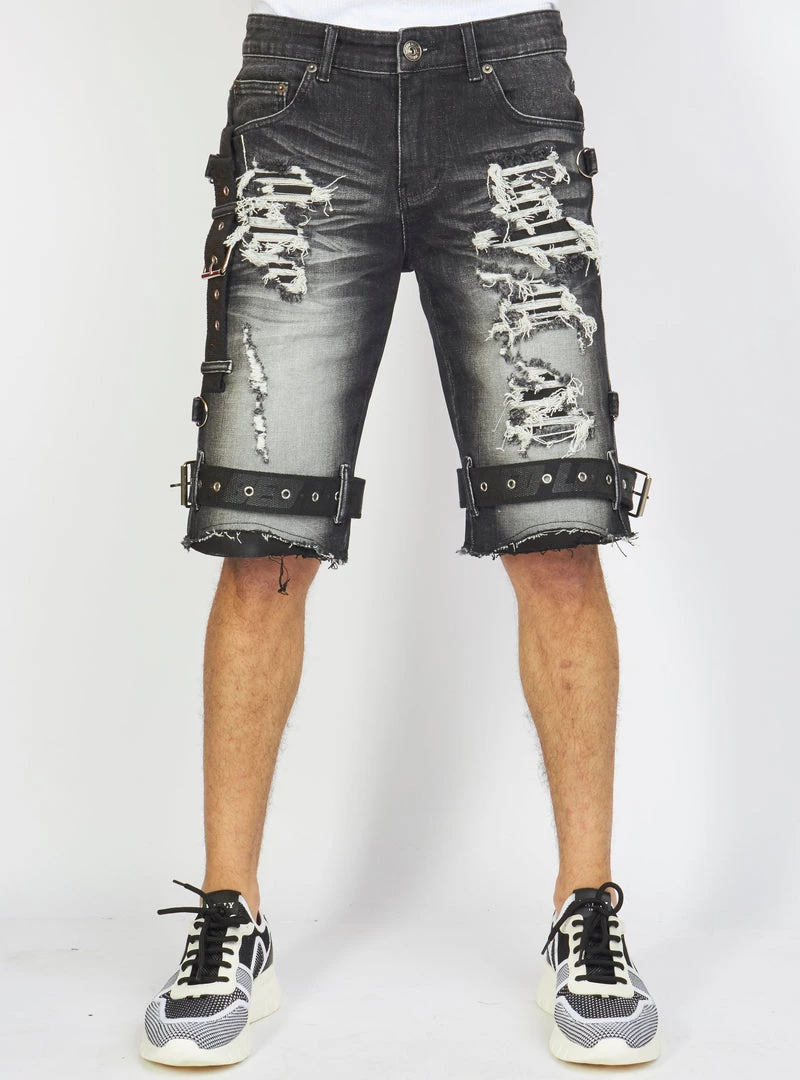 LOCKED & LOADED LNL Shorts - Strapped Denim - Black Stone Wash - LDS421101 1 LOCKED & LOADED LNL Shorts - Strapped Denim - Black Stone Wash - LDS421101