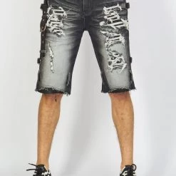 LOCKED & LOADED LNL Shorts - Strapped Denim - Black Stone Wash - LDS421101 28 LOCKED & LOADED LNL Shorts - Strapped Denim - Black Stone Wash - LDS421101